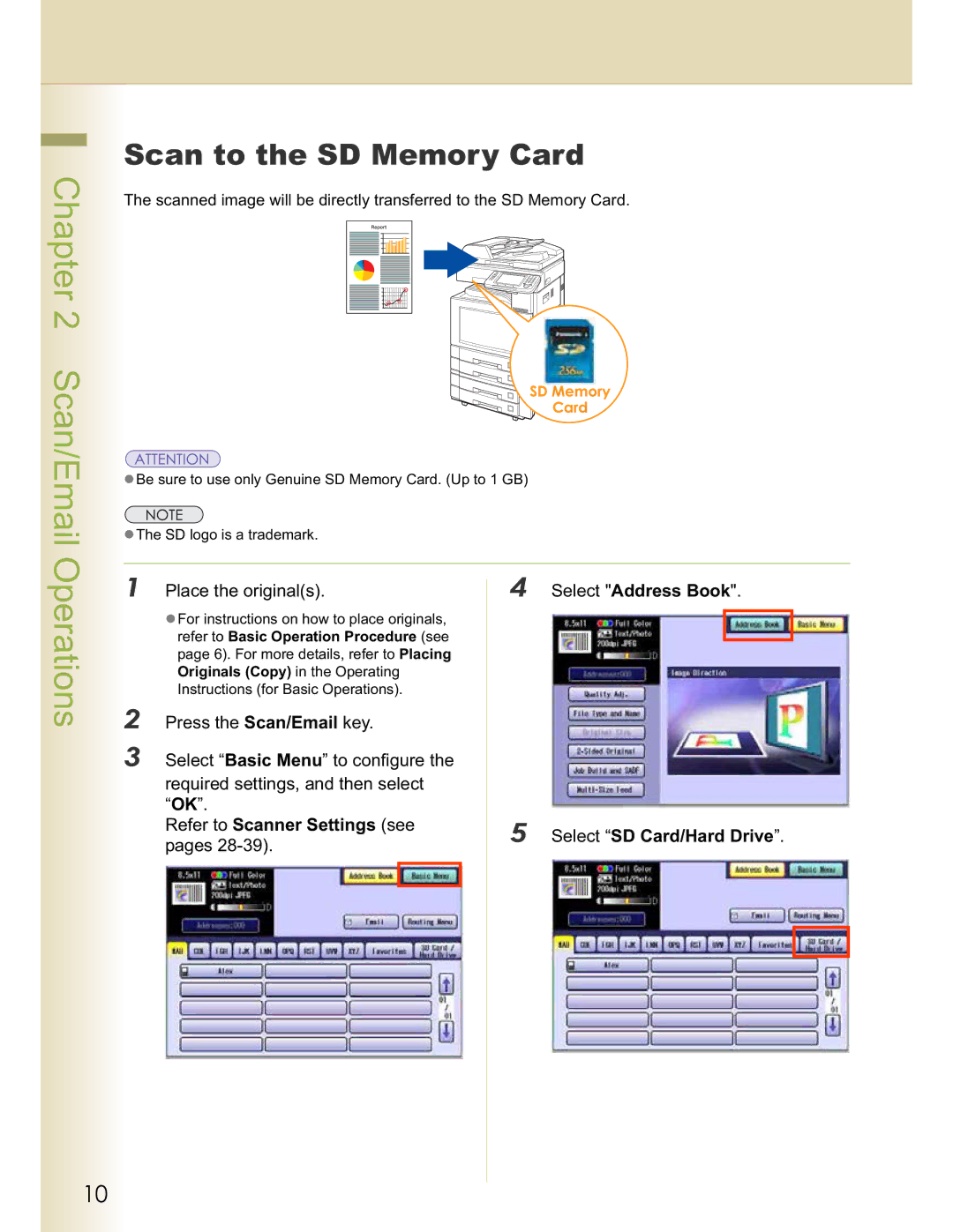 Panasonic DP-C322 Scan/Email Operations, Scan to the SD Memory Card, Select Address Book, Select SD Card/Hard Drive 