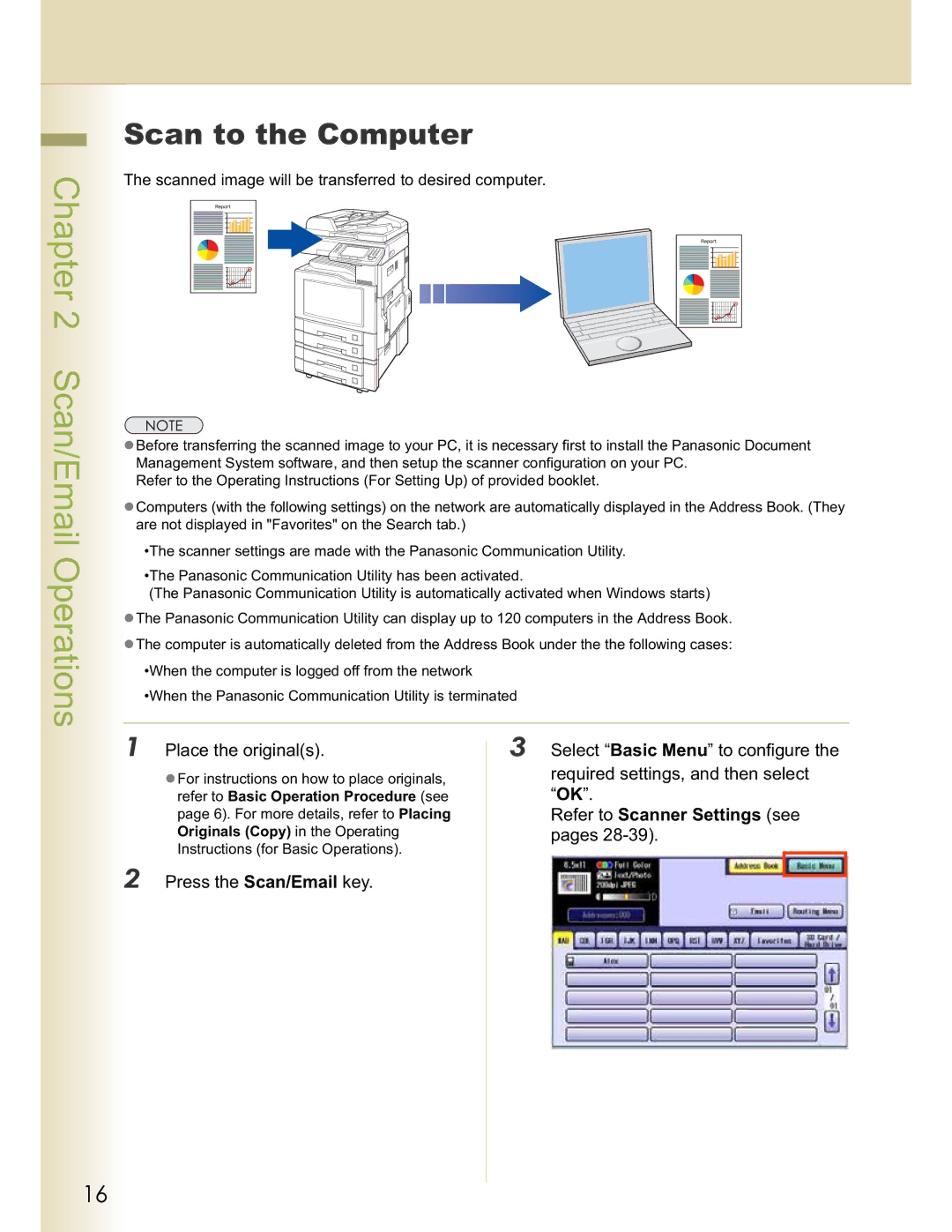 Panasonic DP-C322, DP-C262 operating instructions Scan to the Computer, Place the originals Select Basic Menu to configure 