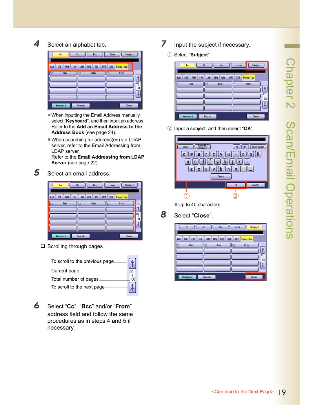 Panasonic DP-C262, DP-C322 Chapter, Operations, Select an alphabet tab, Select an email address, Select Close 