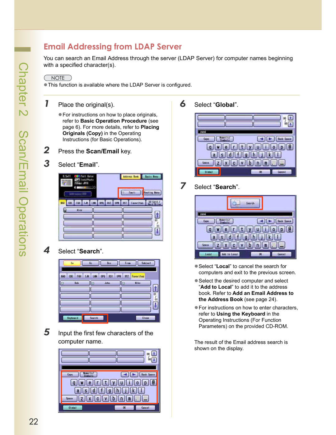 Panasonic DP-C322 Email Addressing from Ldap Server, Place the originals Select Global, Input the first few characters 