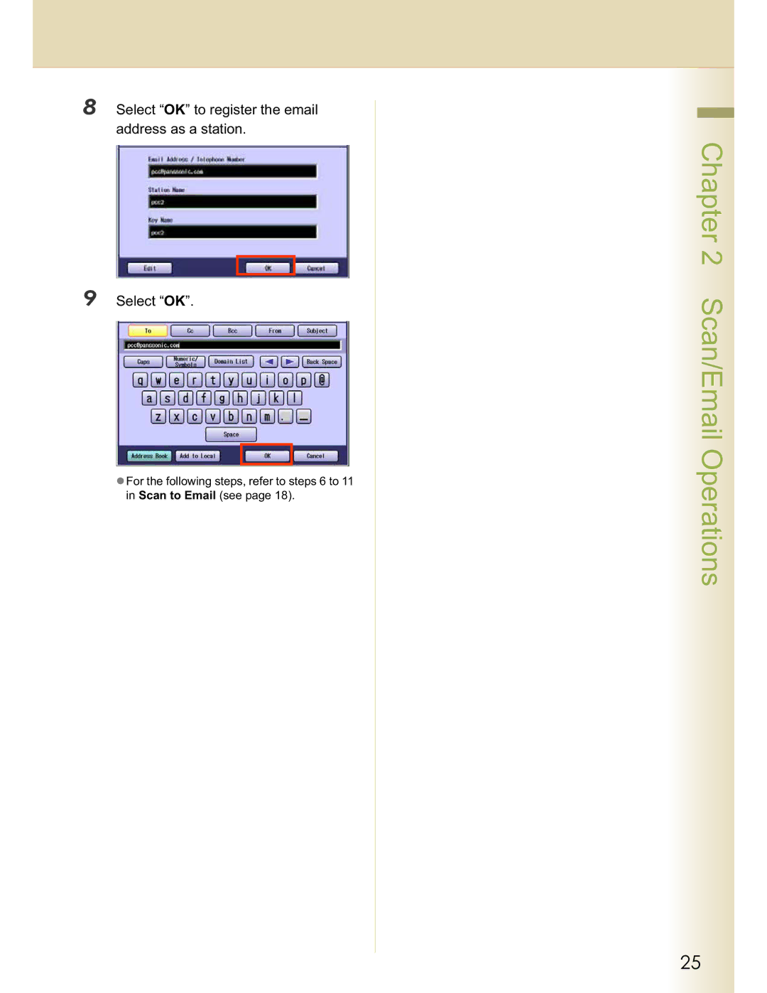 Panasonic DP-C262, DP-C322 operating instructions Select OK to register the email address as a station 