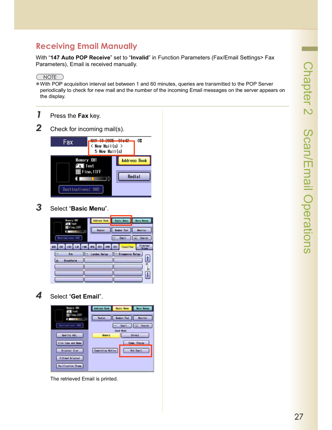 Panasonic DP-C262, DP-C322 operating instructions Receiving Email Manually 