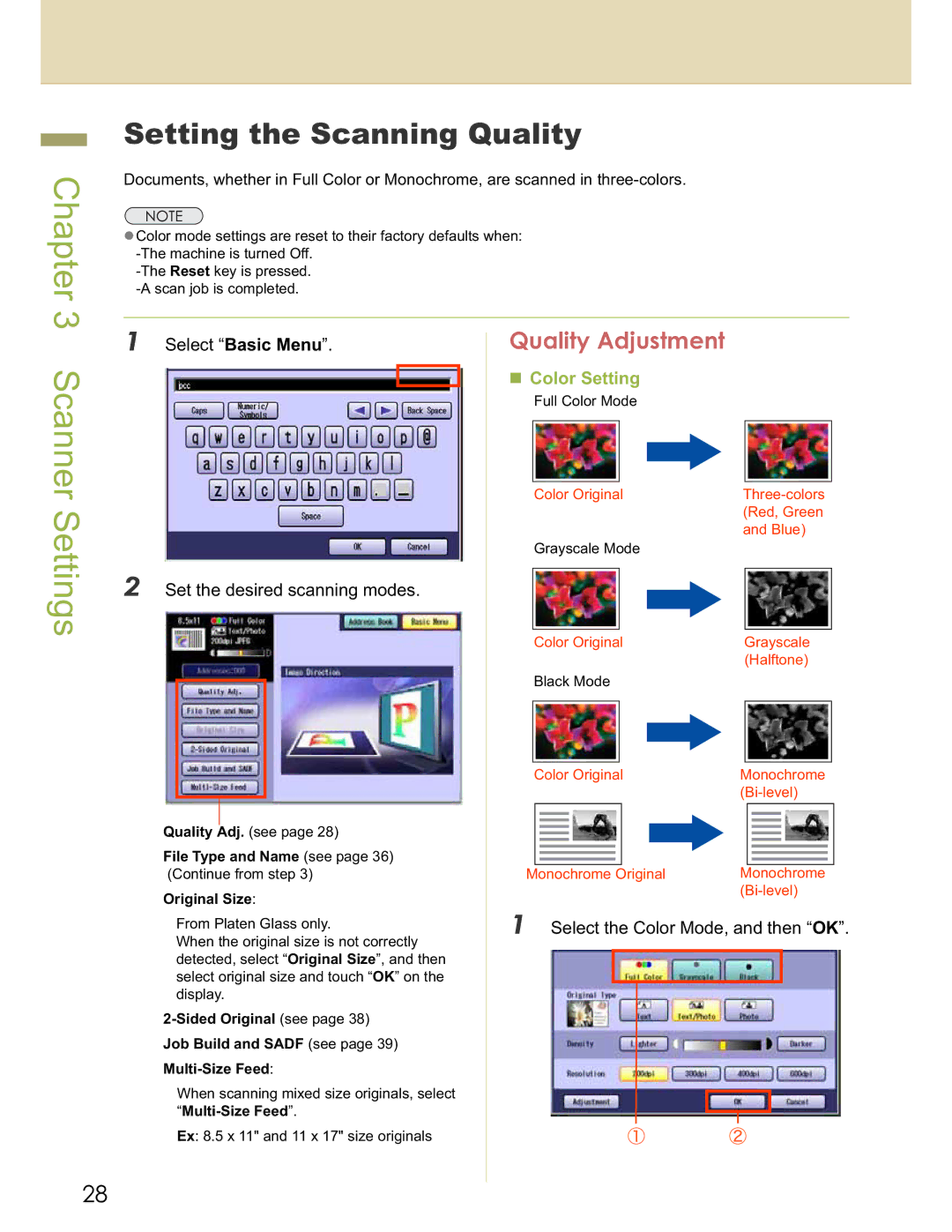 Panasonic DP-C322, DP-C262 Scanner Settings, Setting the Scanning Quality, Set the desired scanning modes 