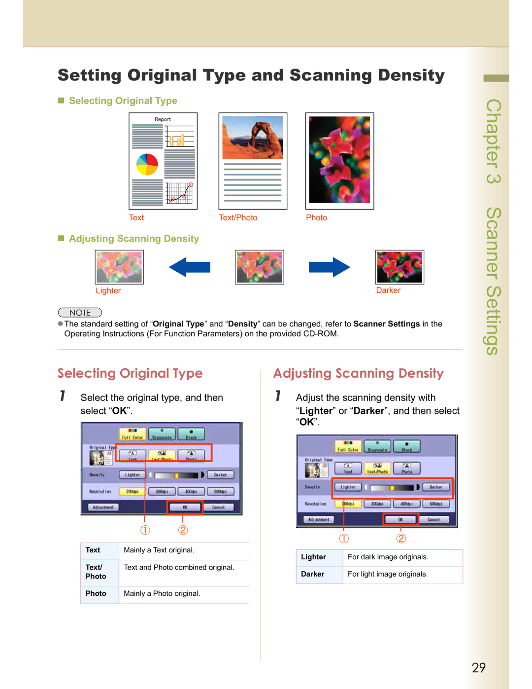 Panasonic DP-C262, DP-C322 Setting Original Type and Scanning Density, Selecting Original Type Adjusting Scanning Density 