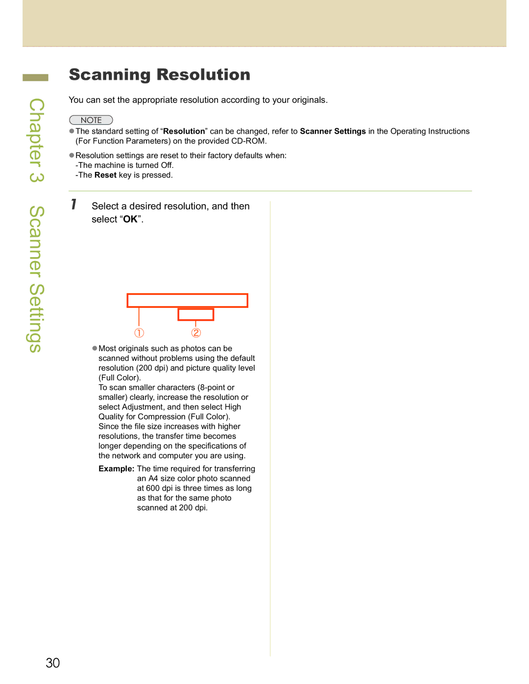 Panasonic DP-C322, DP-C262 operating instructions Scanning Resolution, Select a desired resolution, and then select OK 