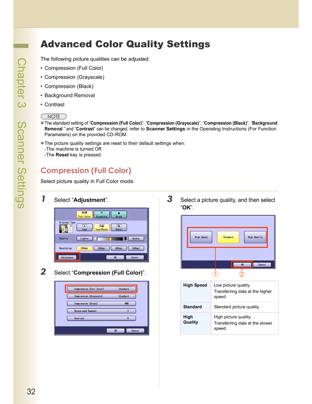 Panasonic DP-C322, DP-C262 operating instructions Advanced Color Quality Settings, Select Compression Full Color 