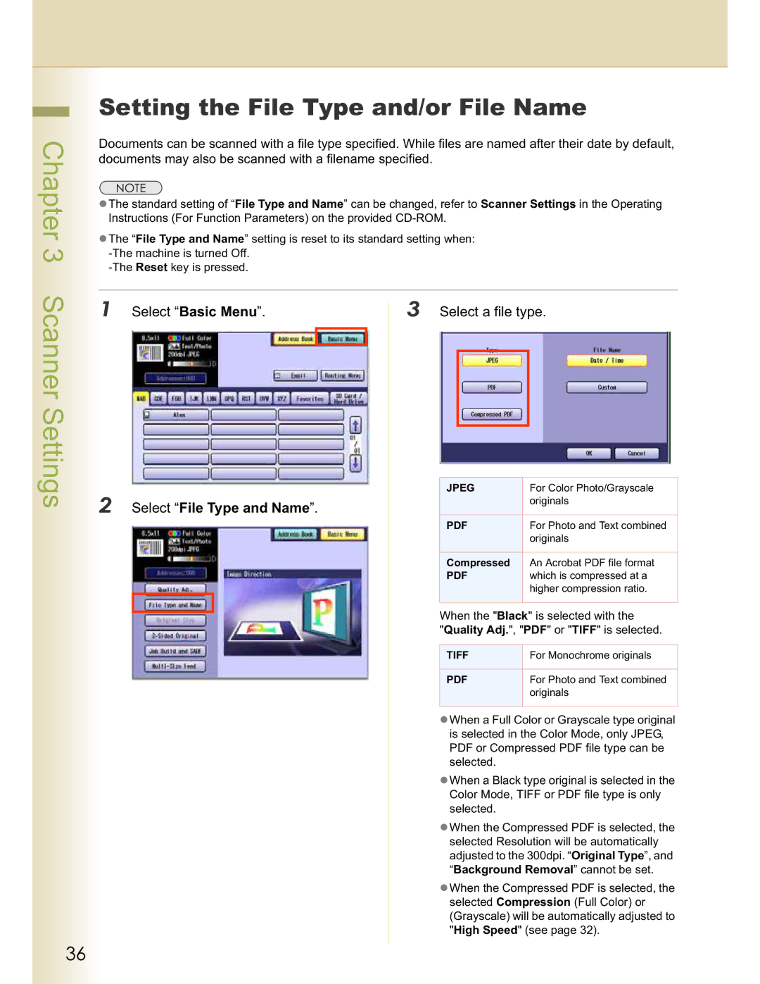 Panasonic DP-C322 Setting the File Type and/or File Name, Select Basic Menu Select a file type, Select File Type and Name 