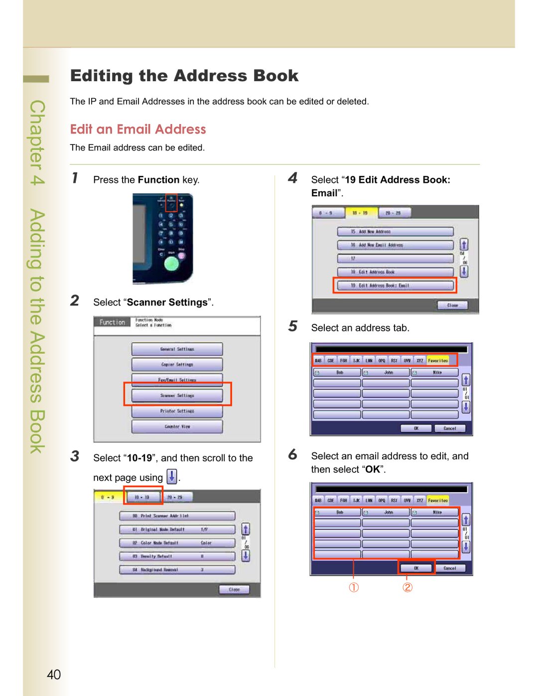 Panasonic DP-C322 Adding to the Address Book, Editing the Address Book, Edit an Email Address, Select 19 Edit Address Book 