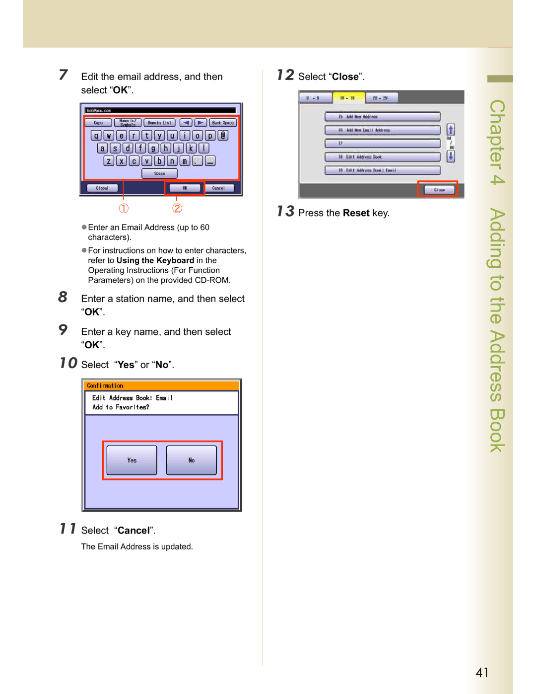 Panasonic DP-C262, DP-C322 Edit the email address, and then select OK, Select Close Press the Reset key 