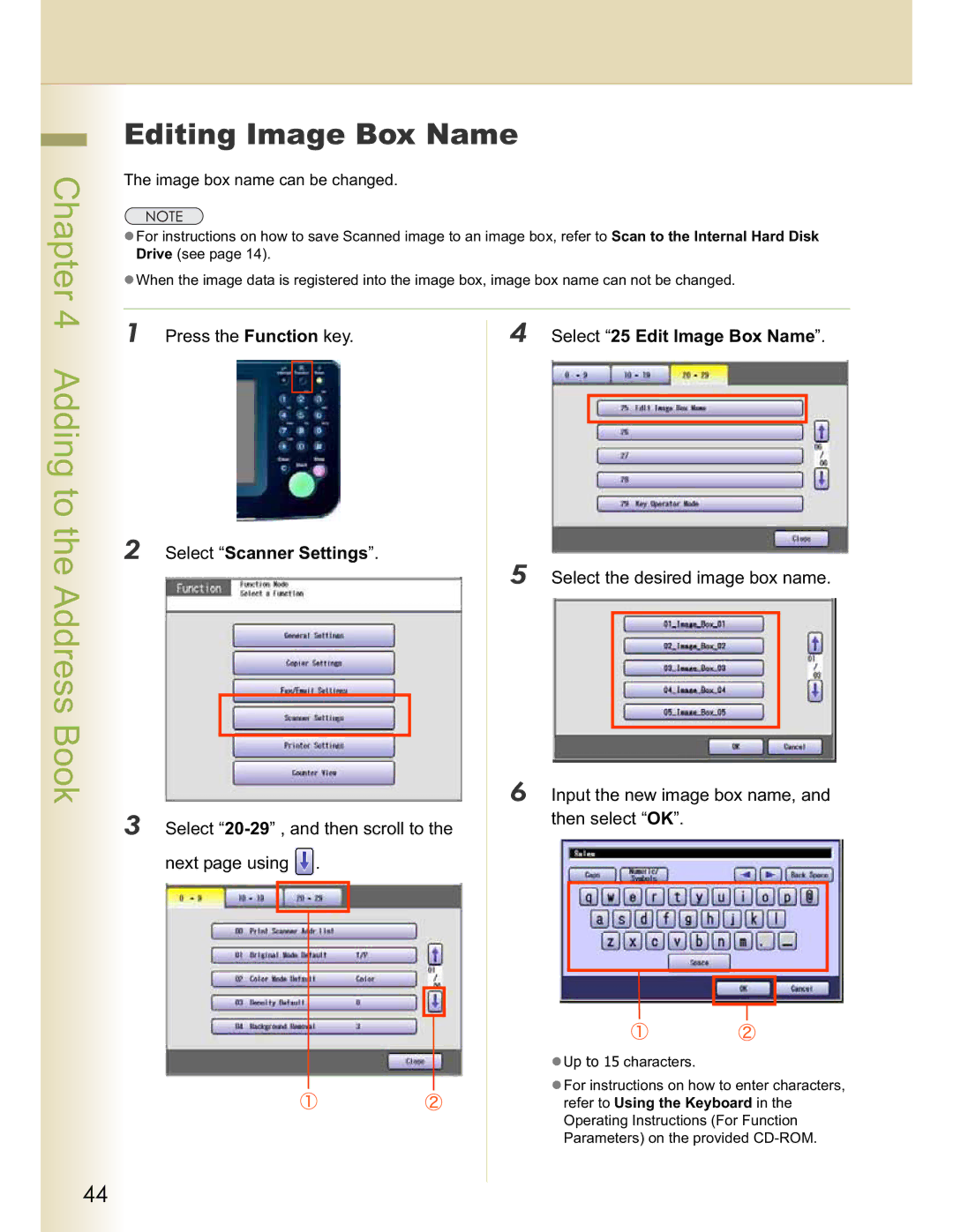 Panasonic DP-C322, DP-C262 Editing Image Box Name, Select 25 Edit Image Box Name, Select the desired image box name 