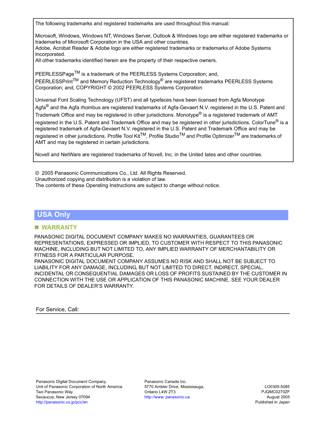 Panasonic DP-C322, DP-C262 operating instructions USA Only 