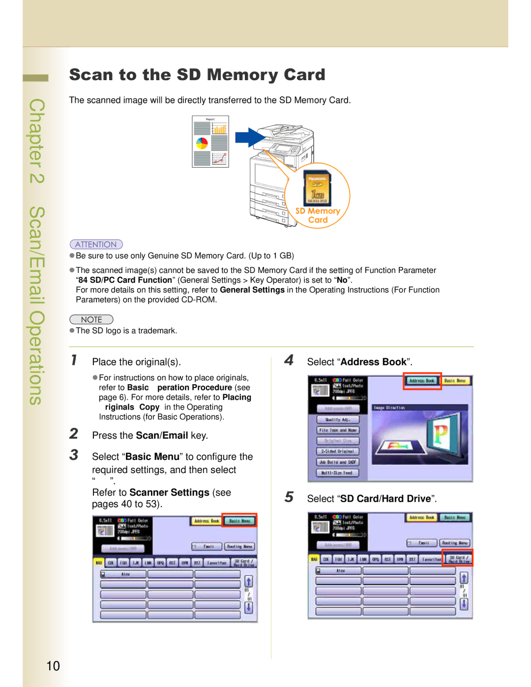 Panasonic DP-C354 manual Scan/Email Operations, Scan to the SD Memory Card, Select Address Book, Select SD Card/Hard Drive 