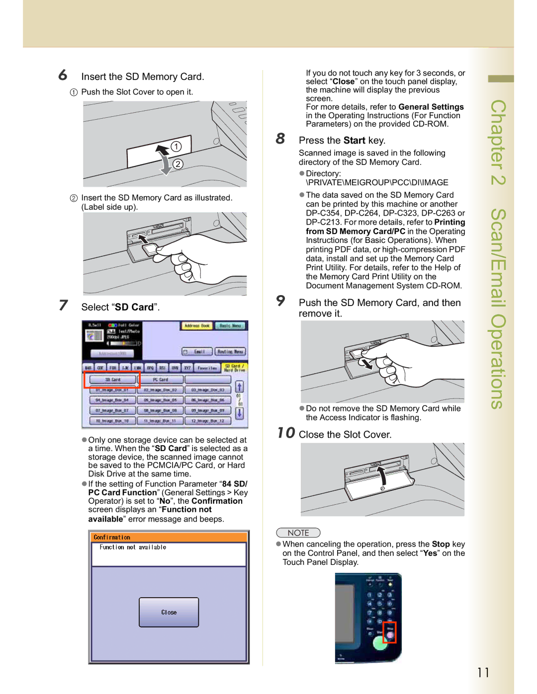 Panasonic DP-C264, DP-C354, DP-C263 Insert the SD Memory Card, Select SD Card, Push the SD Memory Card, and then, Remove it 