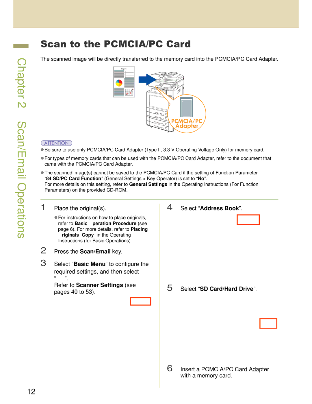 Panasonic DP-C263, DP-C354, DP-C264, DP-C323 Scan to the PCMCIA/PC Card, Insert a PCMCIA/PC Card Adapter with a memory card 