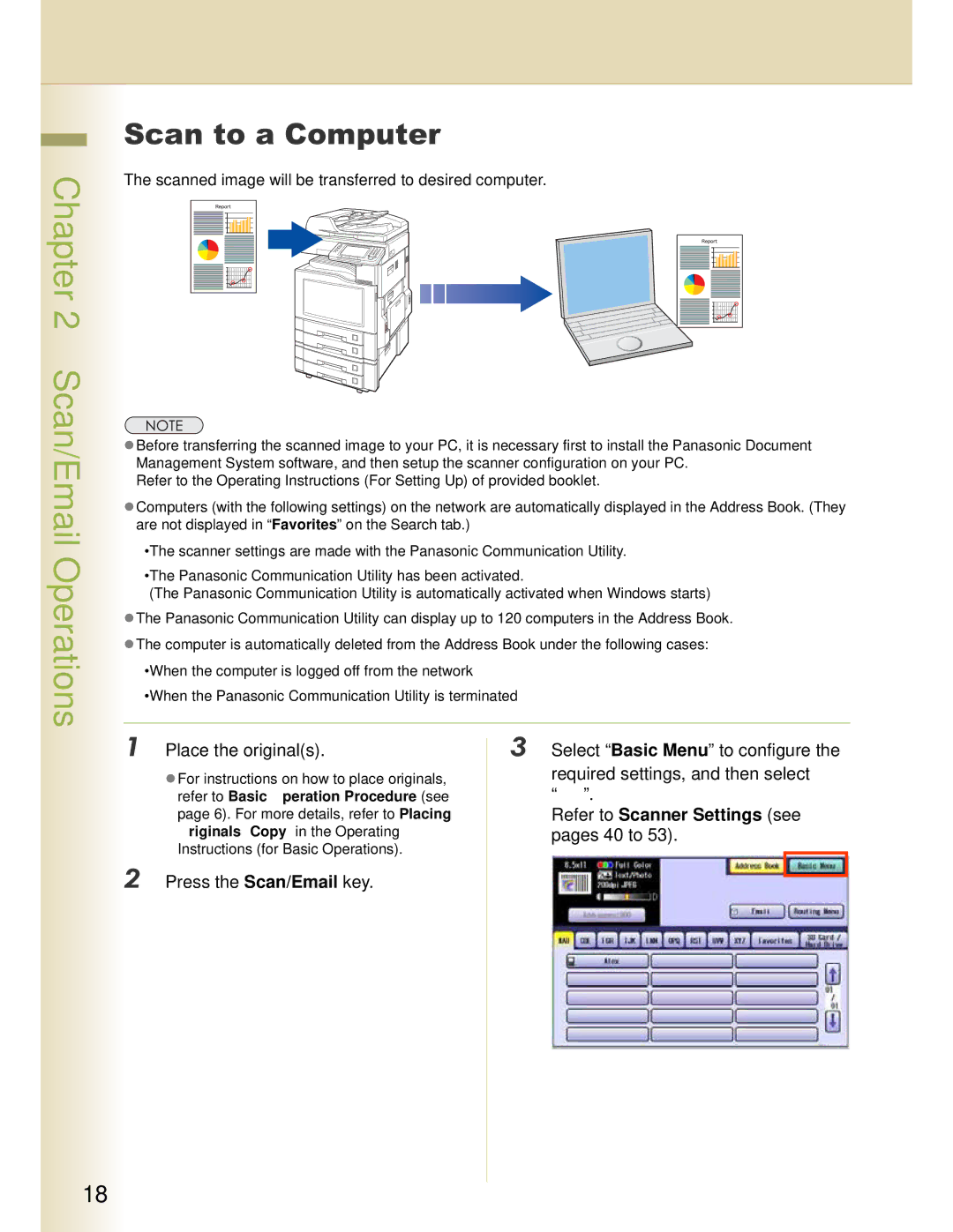 Panasonic DP-C323, DP-C354, DP-C264, DP-C263, DP-C213 Scan to a Computer, Place the originals Select Basic Menu to configure 