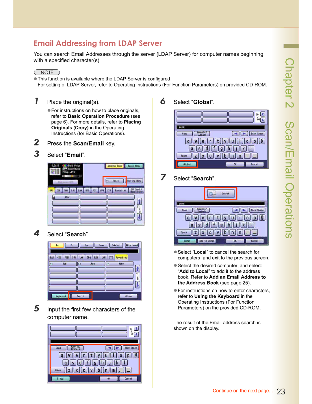 Panasonic DP-C323 Email Addressing from Ldap Server, Place the originals Select Global, Input the first few characters 