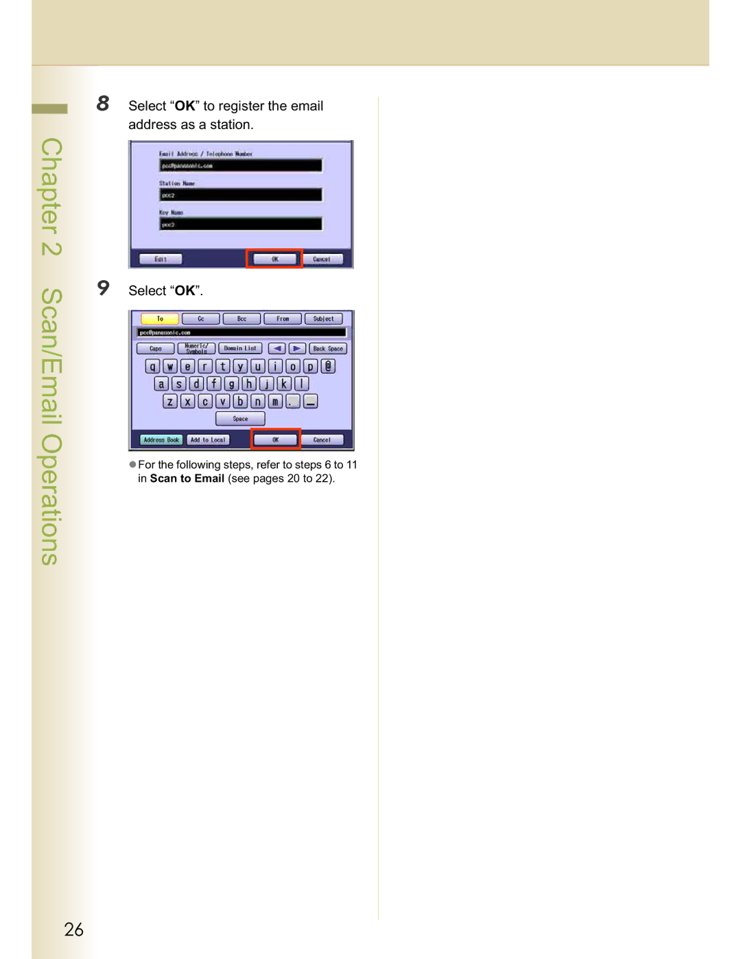 Panasonic DP-C264, DP-C354, DP-C263, DP-C323, DP-C213 manual Select OK to register the email address as a station 