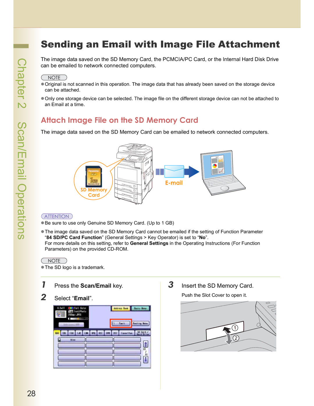 Panasonic DP-C323, DP-C354, DP-C264 Sending an Email with Image File Attachment, Attach Image File on the SD Memory Card 