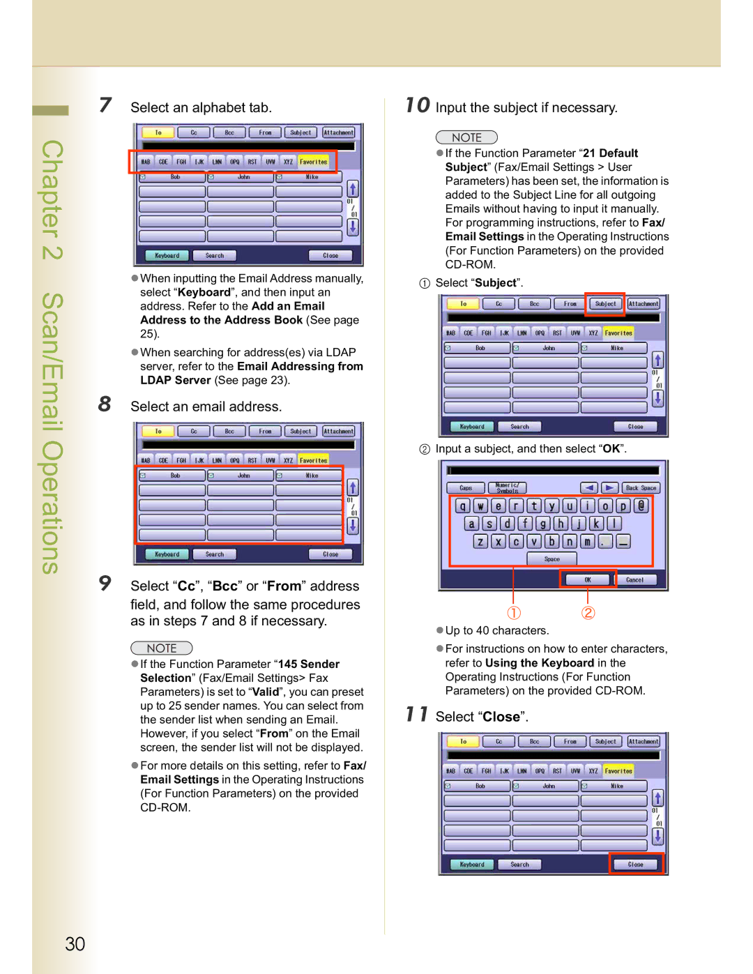 Panasonic DP-C354, DP-C264 Select an email address, Select Cc, Bcc or From address, Field, and follow the same procedures 