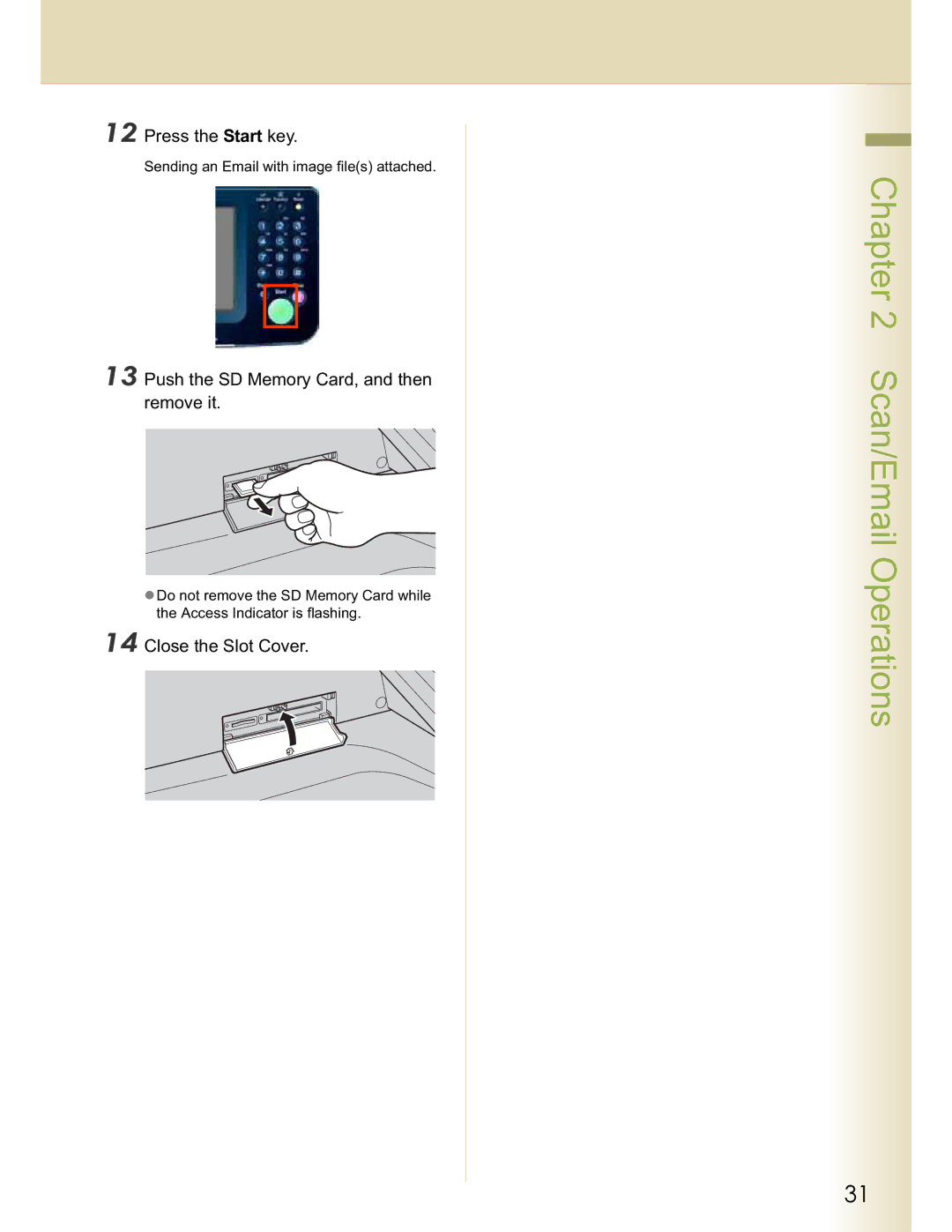 Panasonic DP-C264, DP-C354, DP-C263, DP-C323, DP-C213 manual Press the Start key, Push the SD Memory Card, and then remove it 