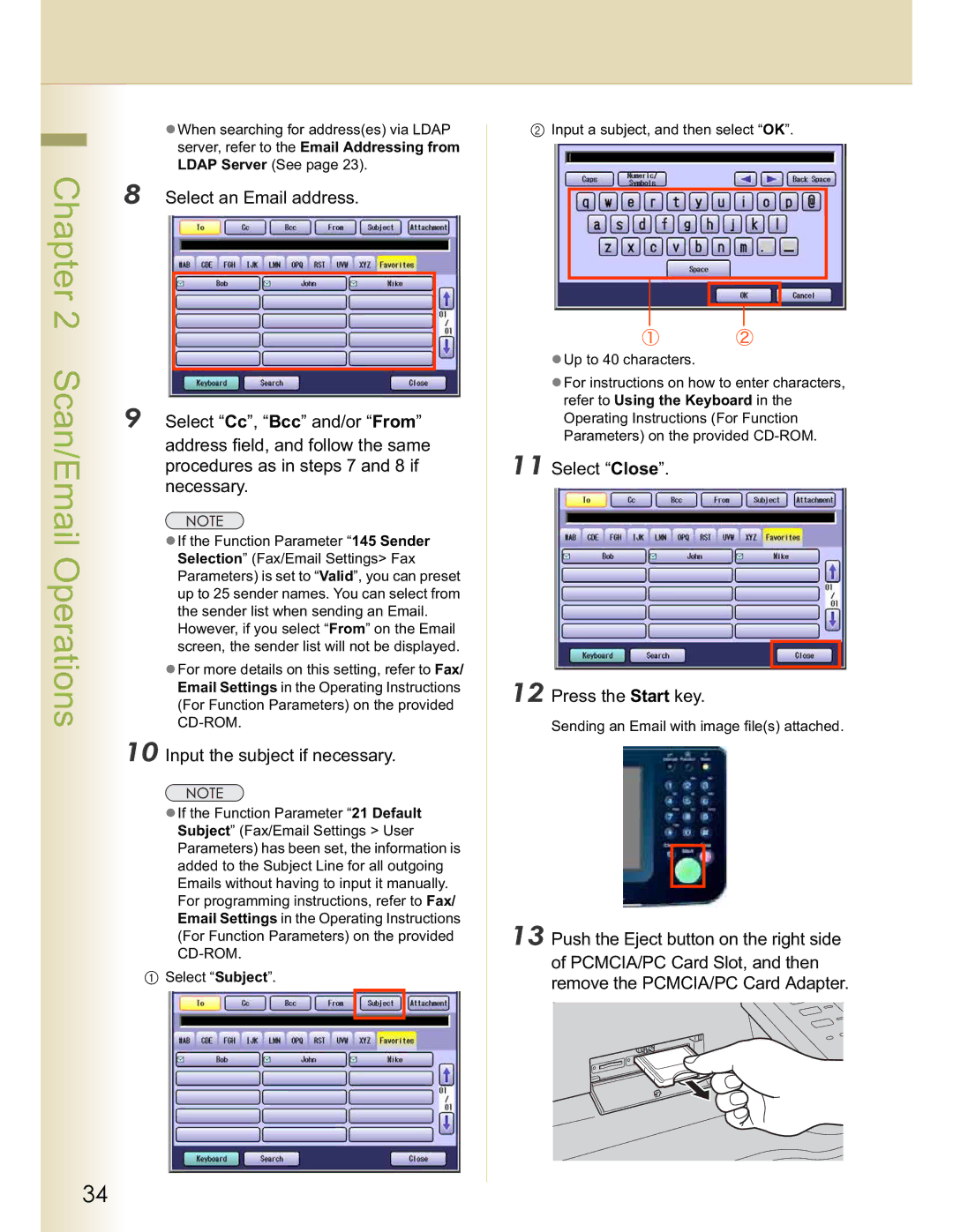 Panasonic DP-C213 manual Select Cc, Bcc and/or From, Address field, and follow the same, Procedures as in steps 7 and 8 if 