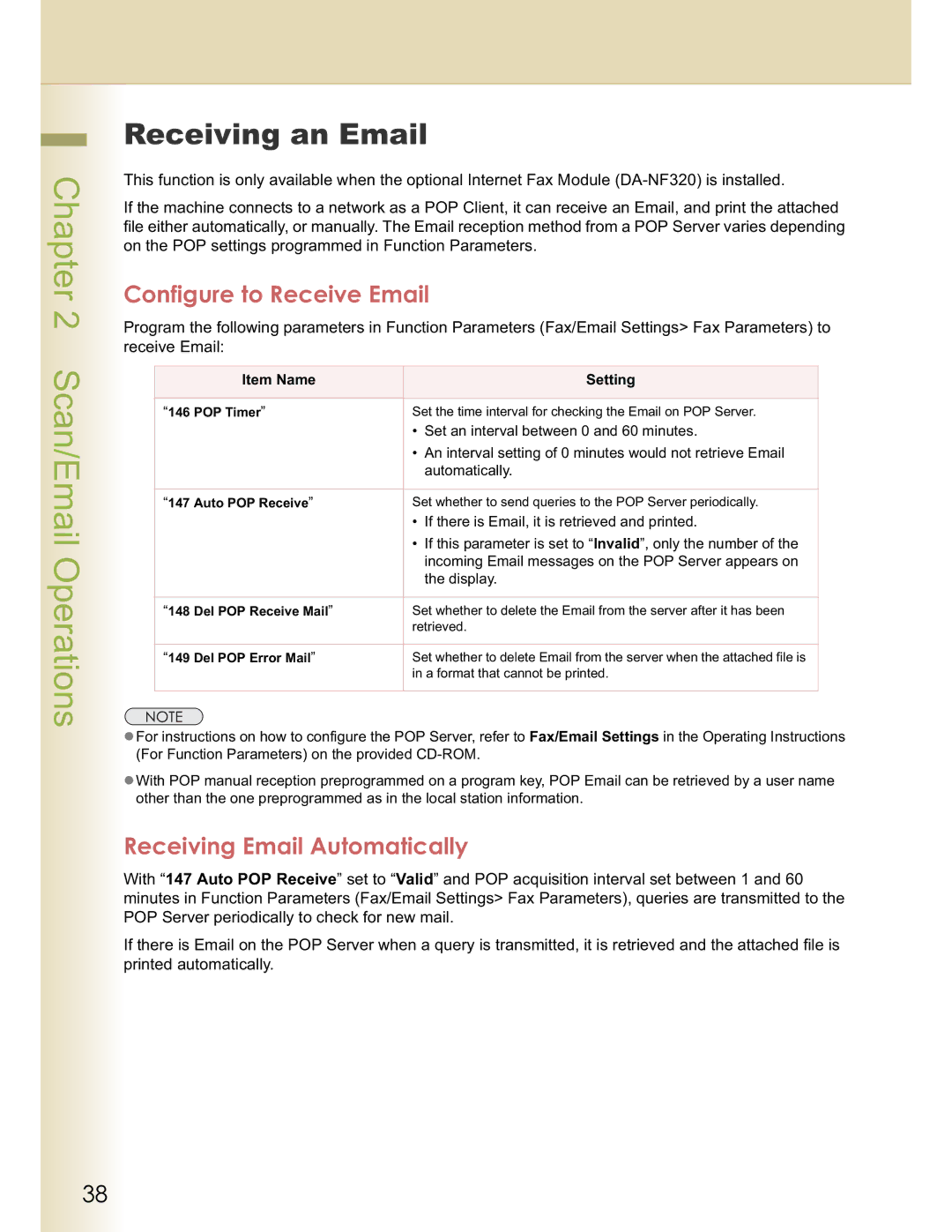 Panasonic DP-C323 manual Receiving an Email, Configure to Receive Email, Receiving Email Automatically, Item Name Setting 