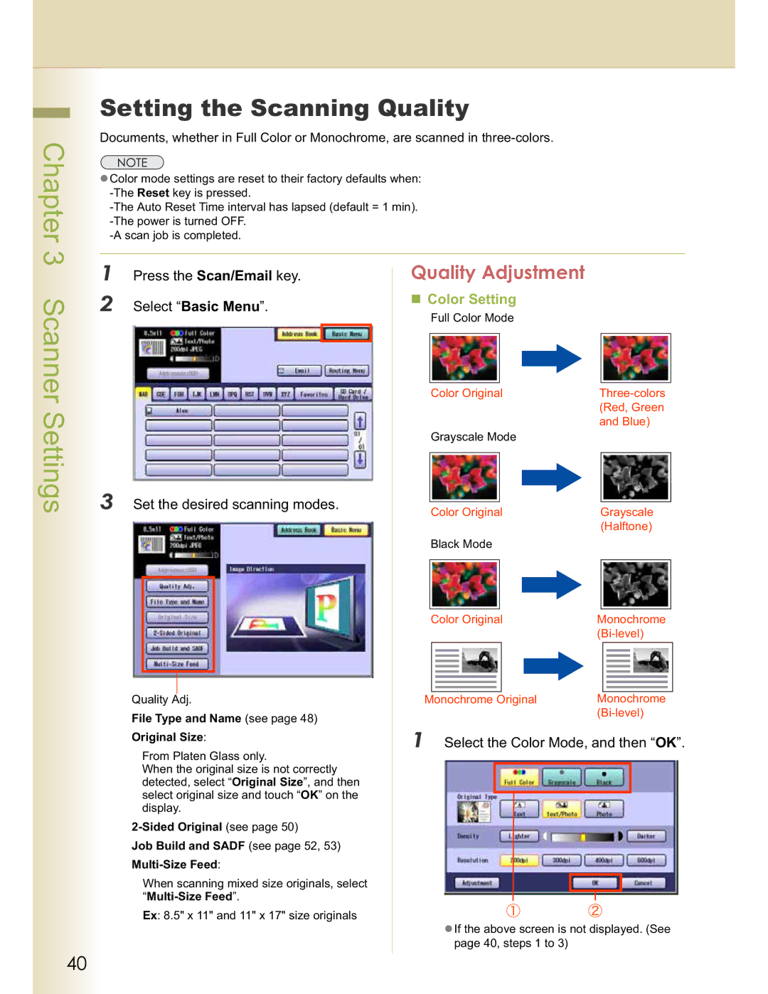 Panasonic DP-C354 manual Scanner Settings, Setting the Scanning Quality, Select the Color Mode, and then OK, Original Size 