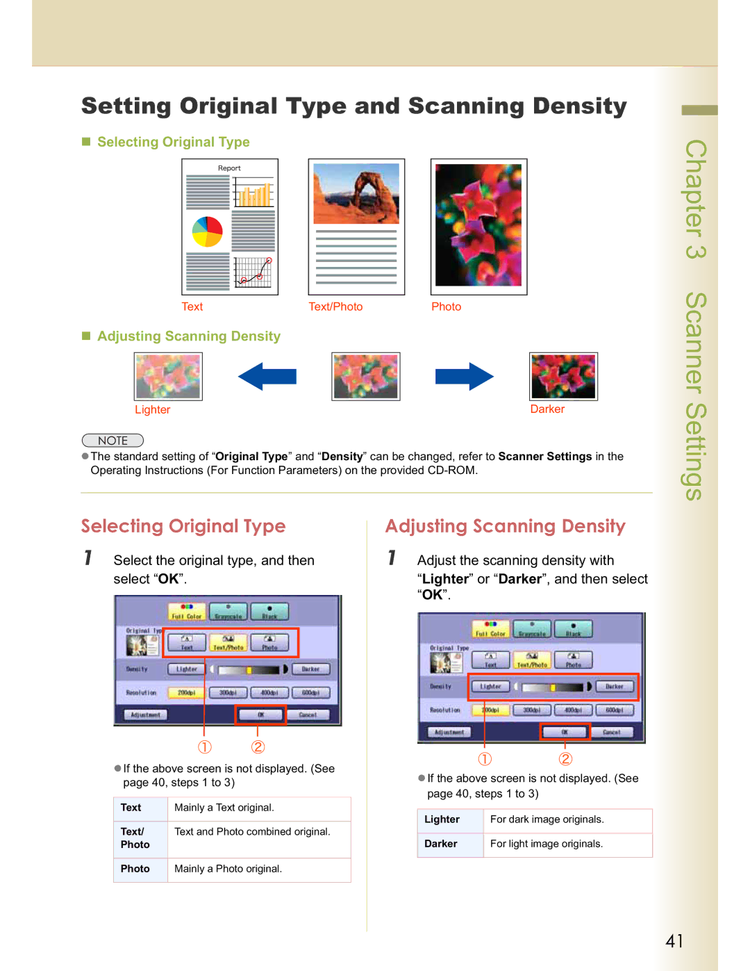 Panasonic DP-C264, DP-C354 Setting Original Type and Scanning Density, Selecting Original Type Adjusting Scanning Density 