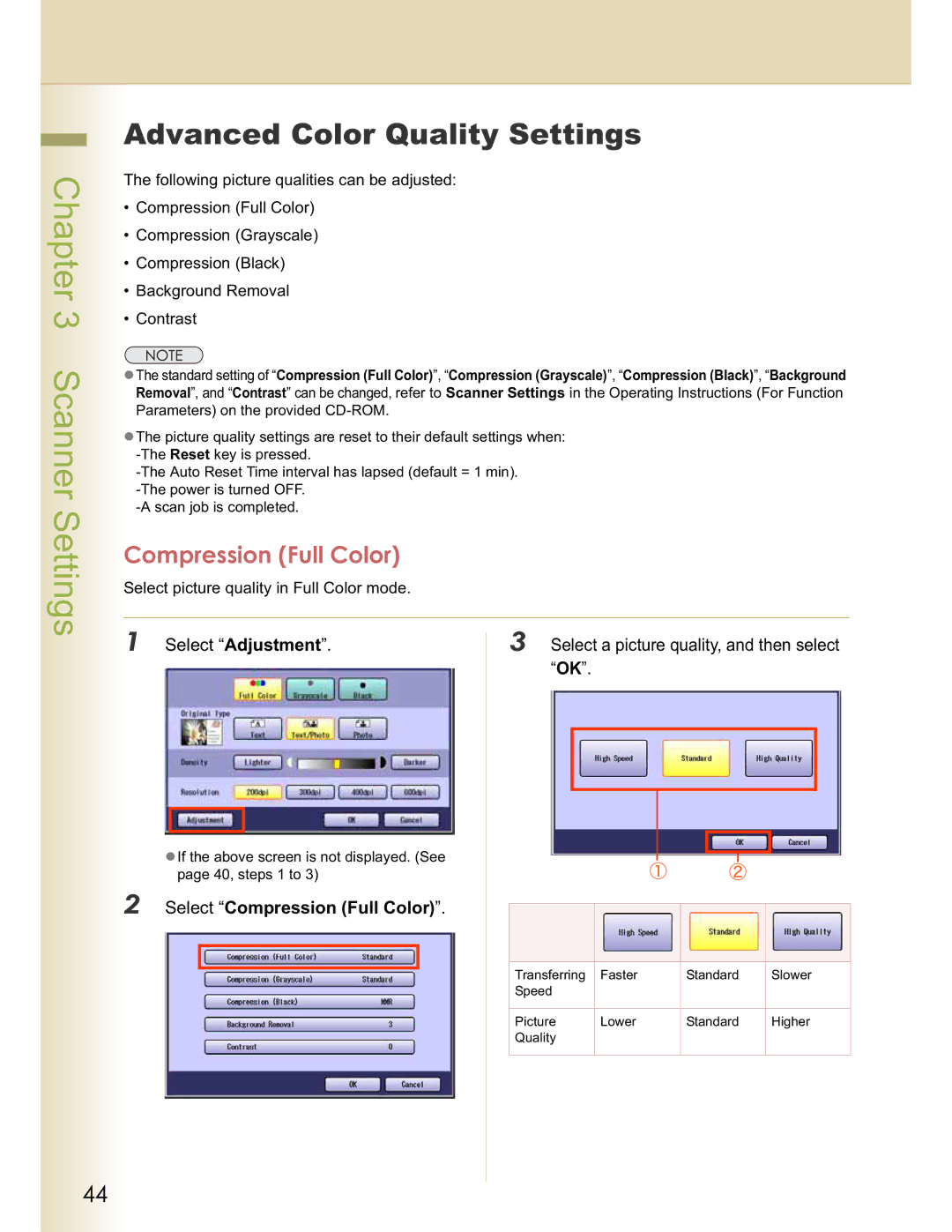 Panasonic DP-C213, DP-C354, DP-C264, DP-C263, DP-C323 manual Advanced Color Quality Settings, Select Compression Full Color 