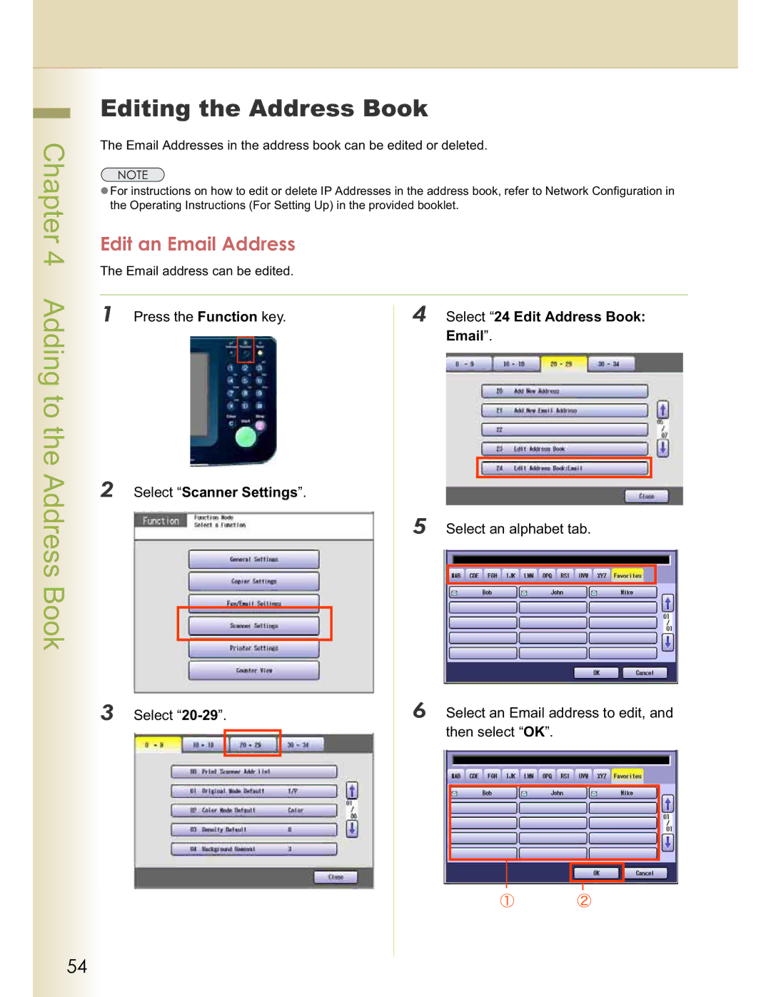 Panasonic DP-C213 Adding to the Address Book, Editing the Address Book, Edit an Email Address, Select 24 Edit Address Book 