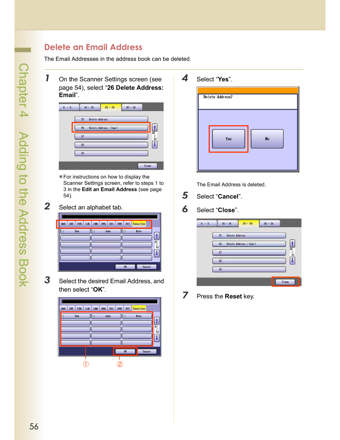 Panasonic DP-C264, DP-C354, DP-C263, DP-C323, DP-C213 manual Delete an Email Address, Edit an Email Address see 