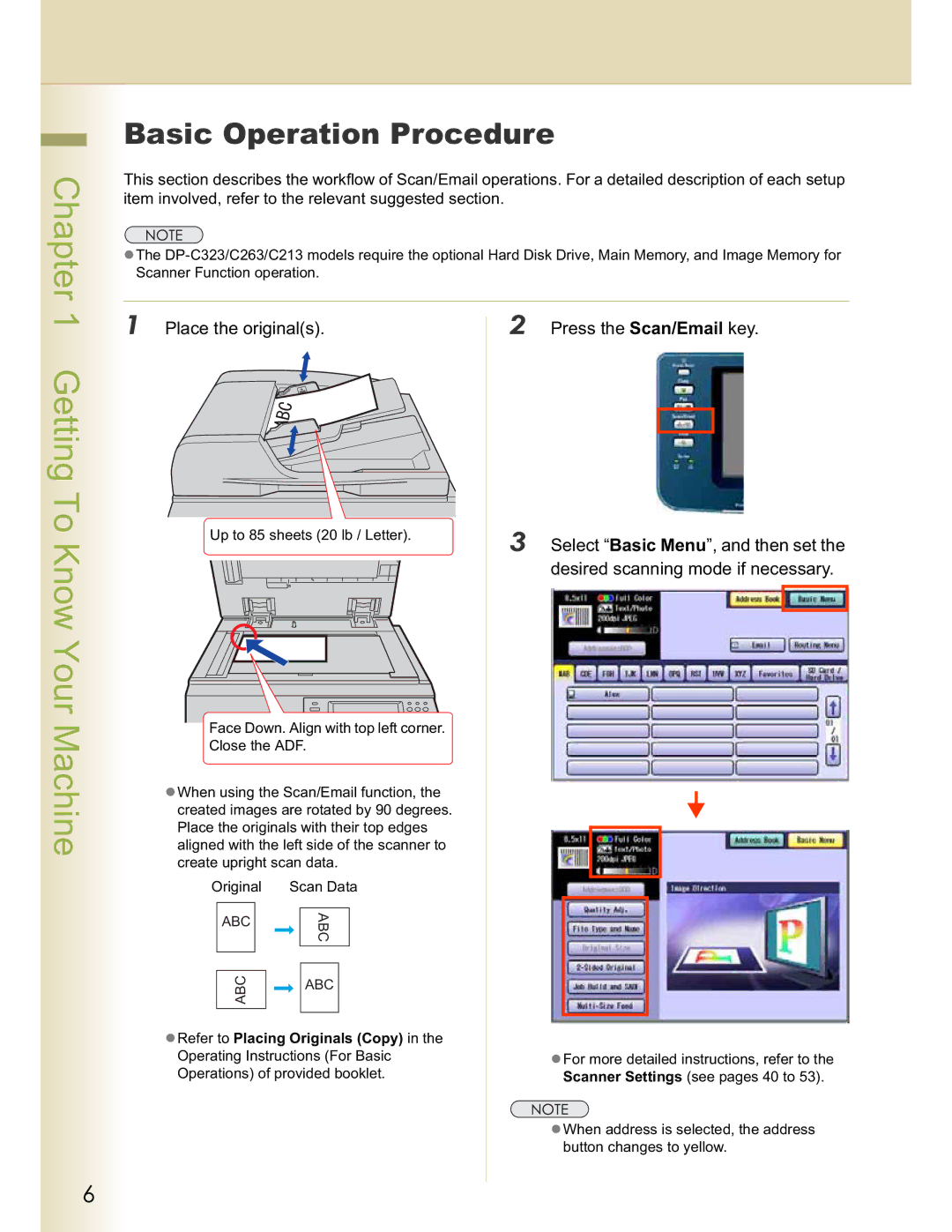 Panasonic DP-C264 Getting To Know Your Machine, Basic Operation Procedure, Place the originals Press the Scan/Email key 