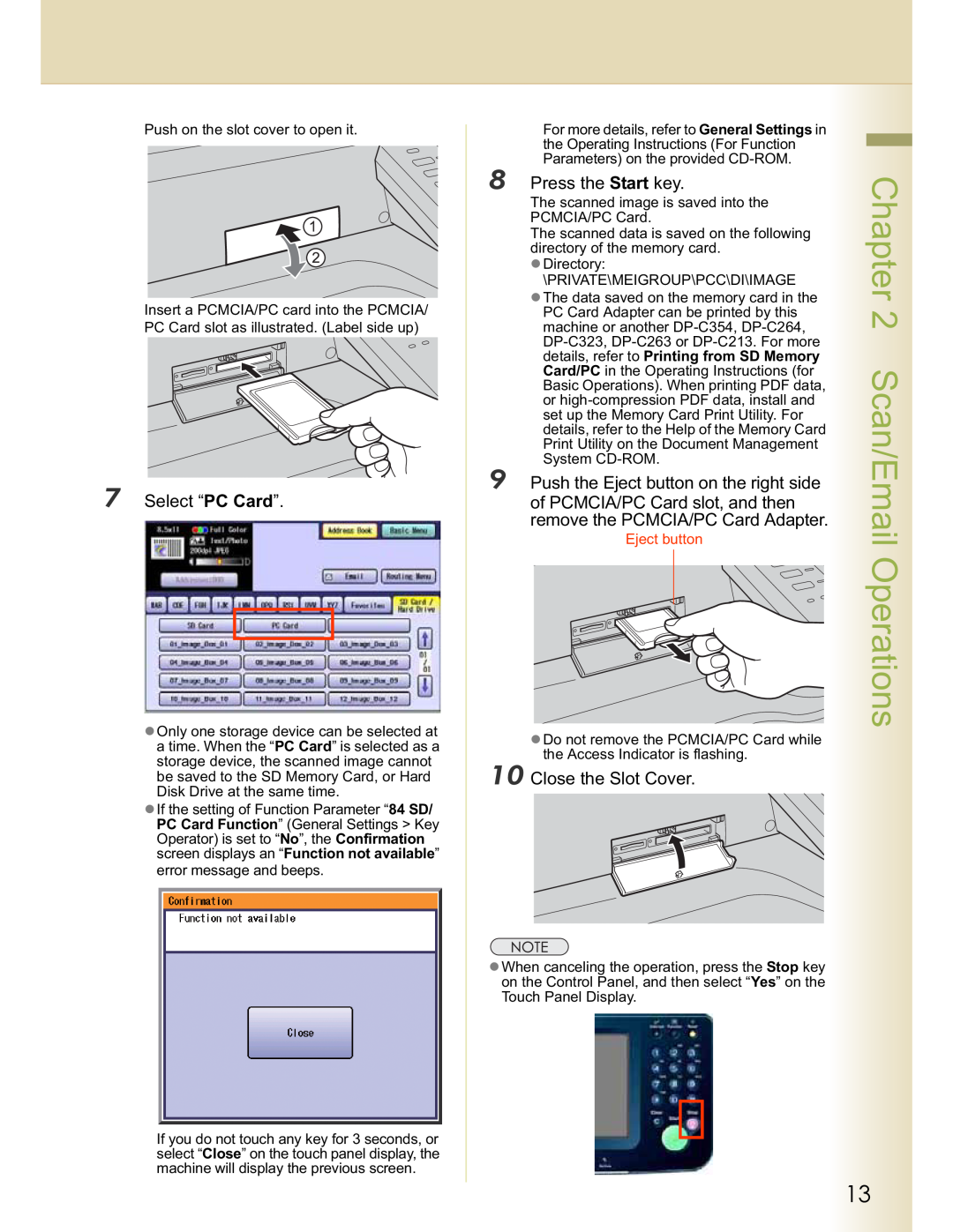 Panasonic DP-C323, DP-C354 manual Select “PC Card”, Press the Start key, Push the Eject button on the right side, Scan/Email 