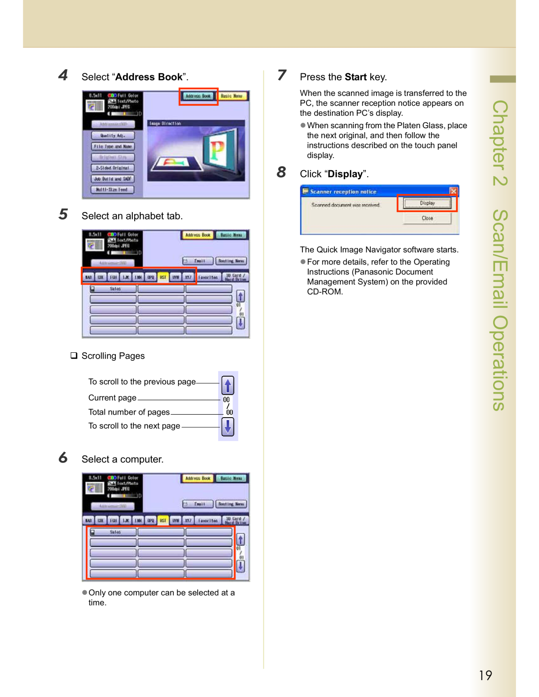 Panasonic DP-C213 Select an alphabet tab, Select a computer, Click “Display”, Scan/Email Operations, Press the Start key 