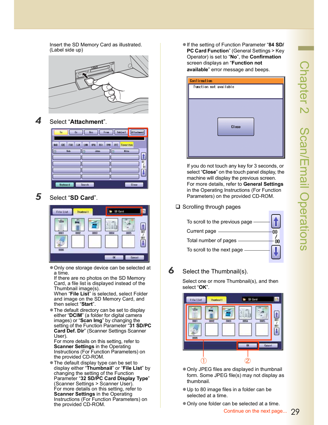 Panasonic DP-C213 manual Scan/Email, Select “Attachment” 5 Select “SD Card”, Select the Thumbnails, Scrolling through pages 