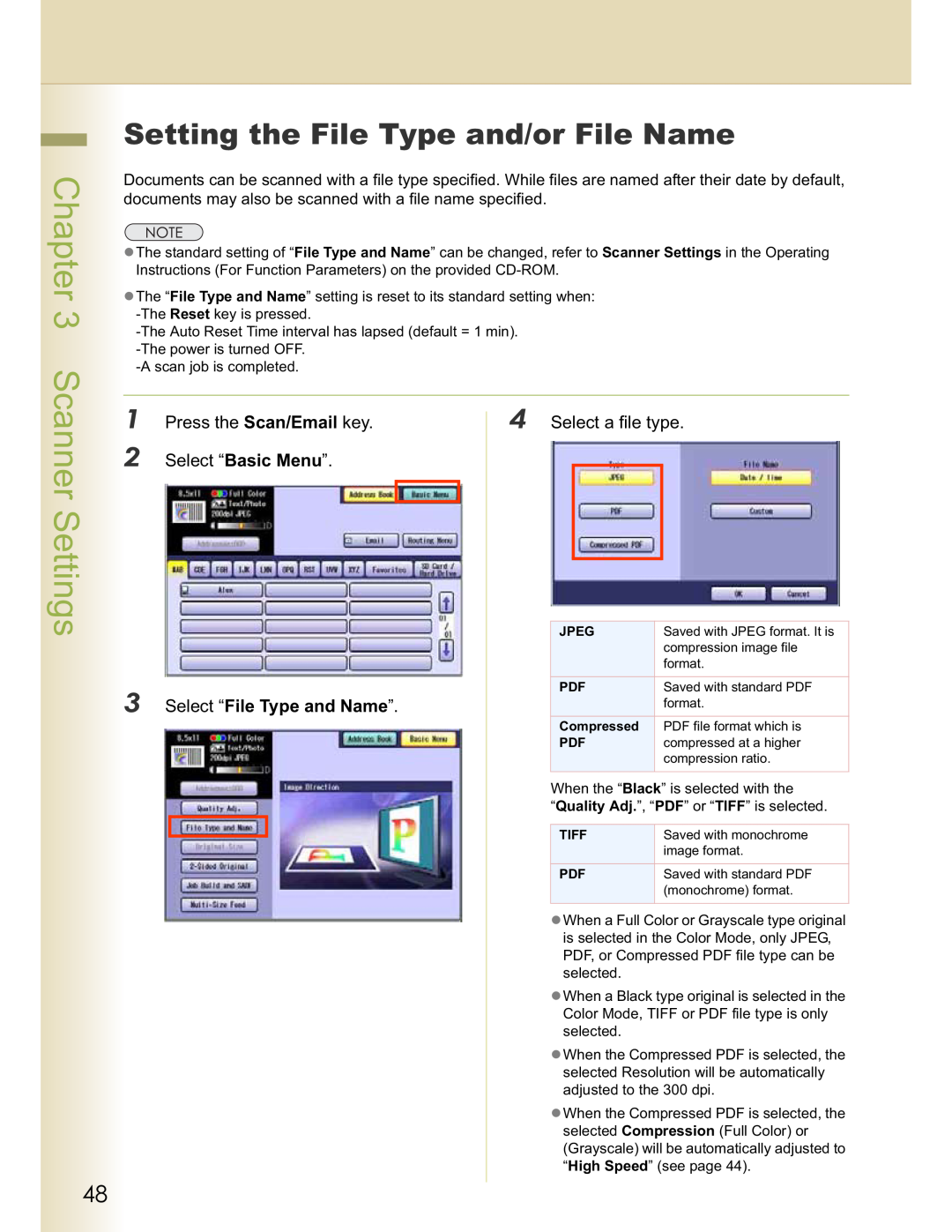 Panasonic DP-C323 manual Setting the File Type and/or File Name, Select a file type, Select “Basic Menu”, Scanner Settings 