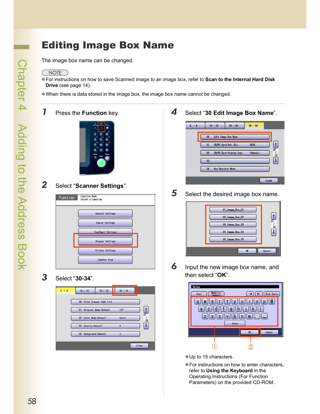Panasonic DP-C323 manual Editing Image Box Name, Press the Function key, Select the desired image box name, Select “30-34” 