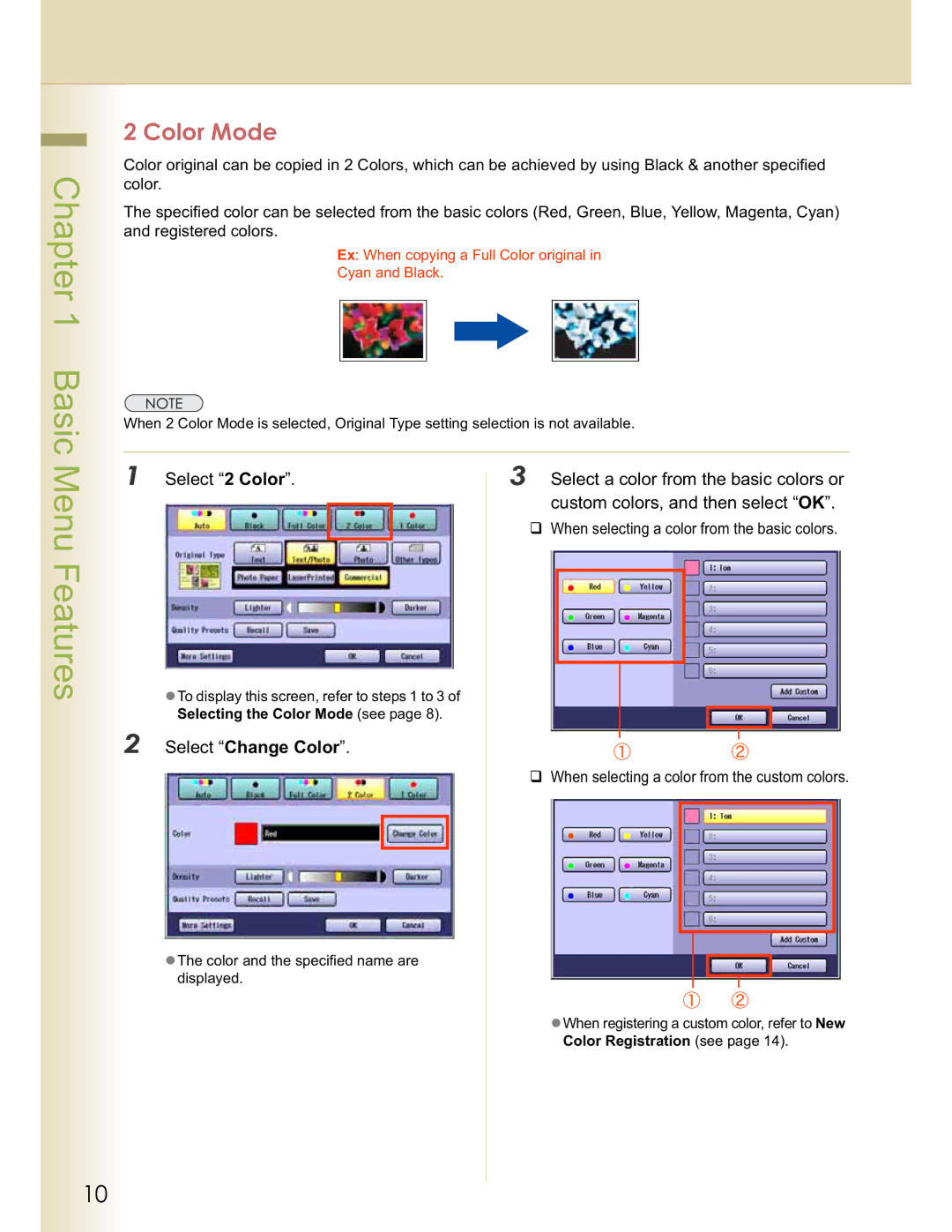 Panasonic DP-C354, DP-C323, C263, C213, C264 Color Mode, Select Change Color, When selecting a color from the custom colors 