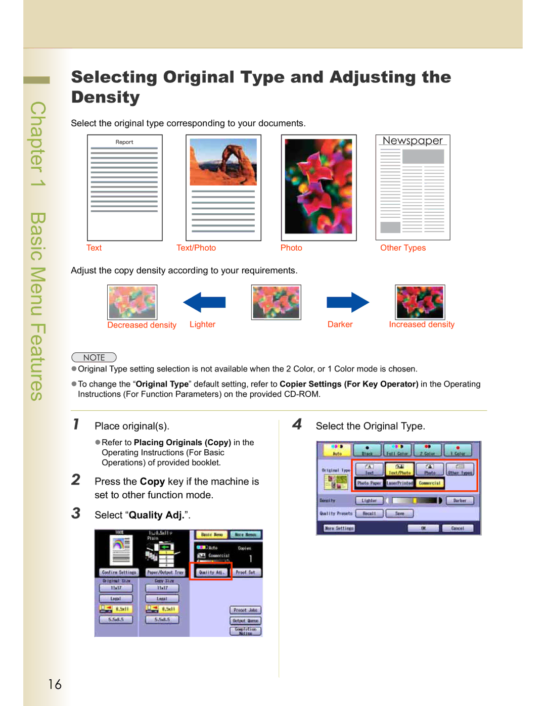 Panasonic DP-C323, DP-C354 Selecting Original Type and Adjusting the Density, Place originals Select the Original Type 