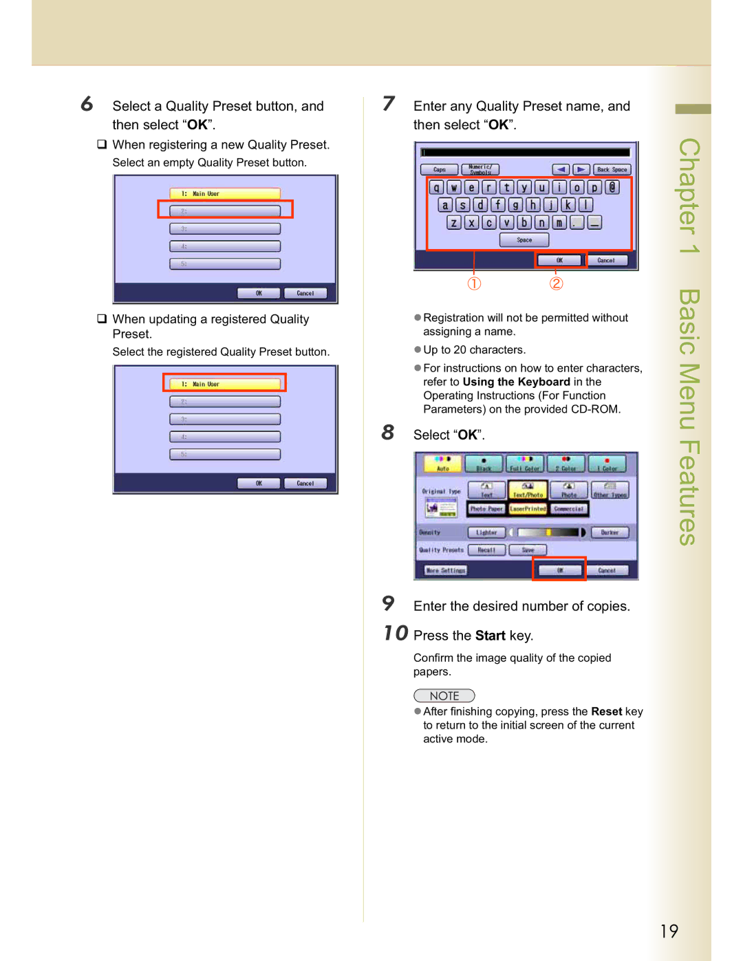 Panasonic C264, DP-C354 Basic, Select a Quality Preset button, and then select OK, When registering a new Quality Preset 