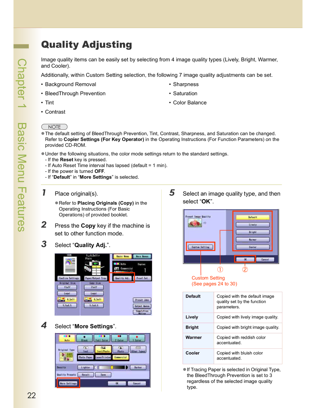 Panasonic C263 Quality Adjusting, Place originals Select an image quality type, and then, Select More Settings, Cooler 