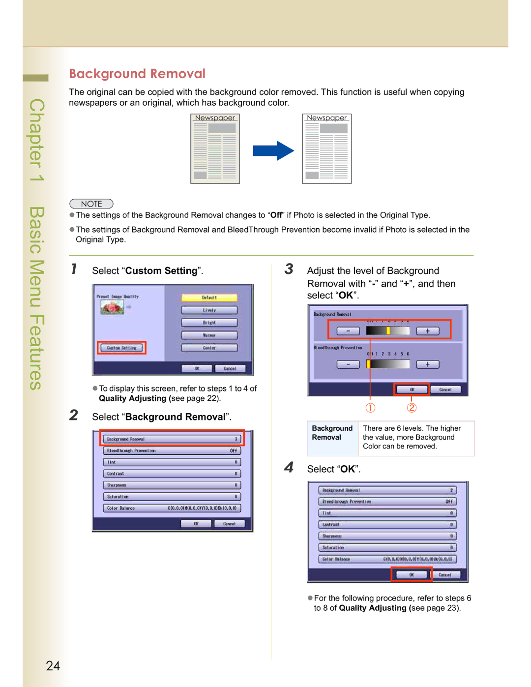 Panasonic C264 Background Removal, Select Custom Setting, Adjust the level of Background, Removal with and +, and then 