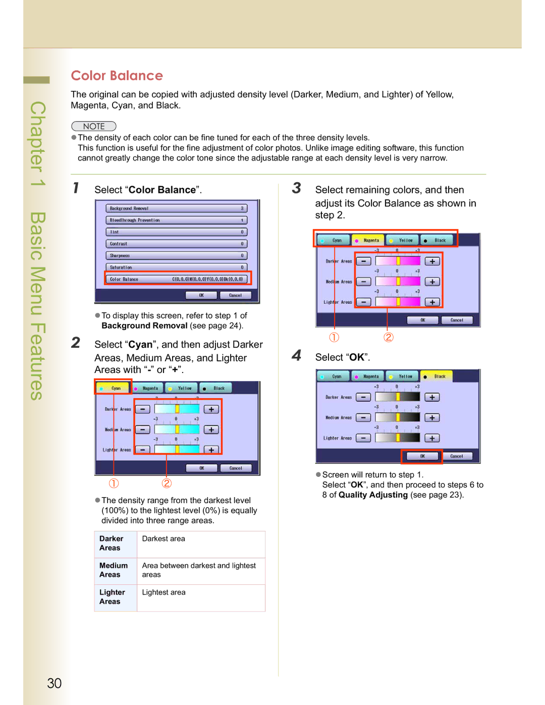 Panasonic DP-C354 Select Color Balance, Select remaining colors, and then, Adjust its Color Balance as shown, Step 