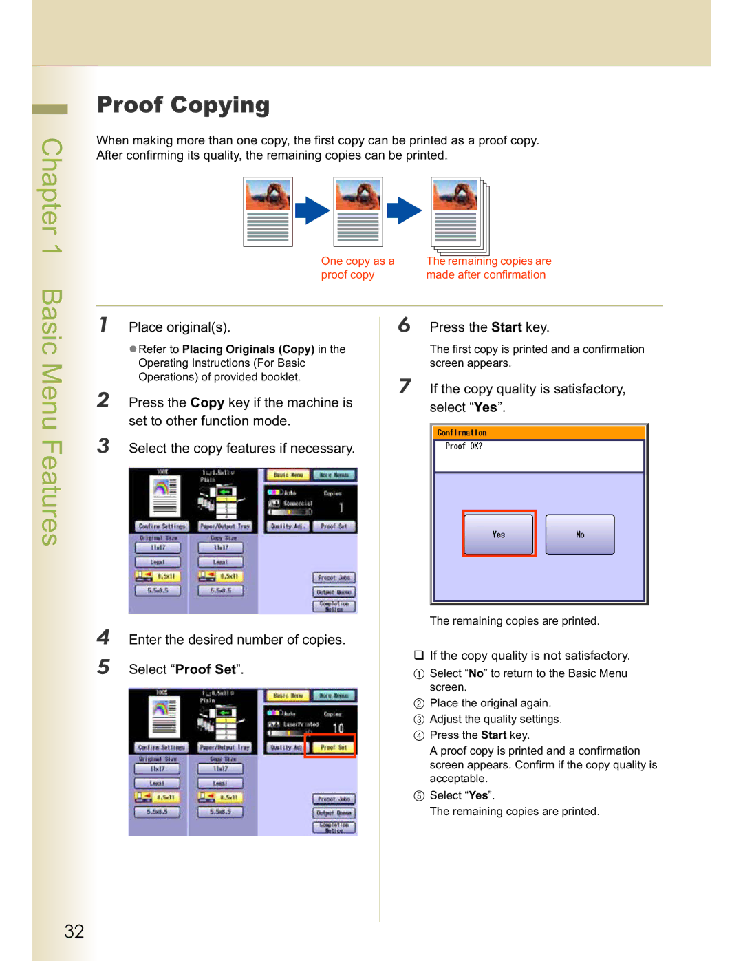 Panasonic C263, C213 Proof Copying, Place originals Press the Start key, If the copy quality is satisfactory, Select Yes 