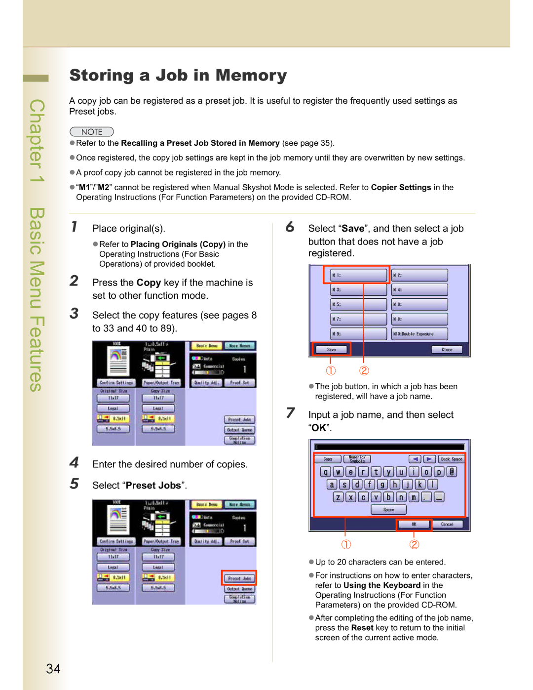 Panasonic C264 Storing a Job in Memory, Place originals Select Save, and then select a job, Registered, Select Preset Jobs 