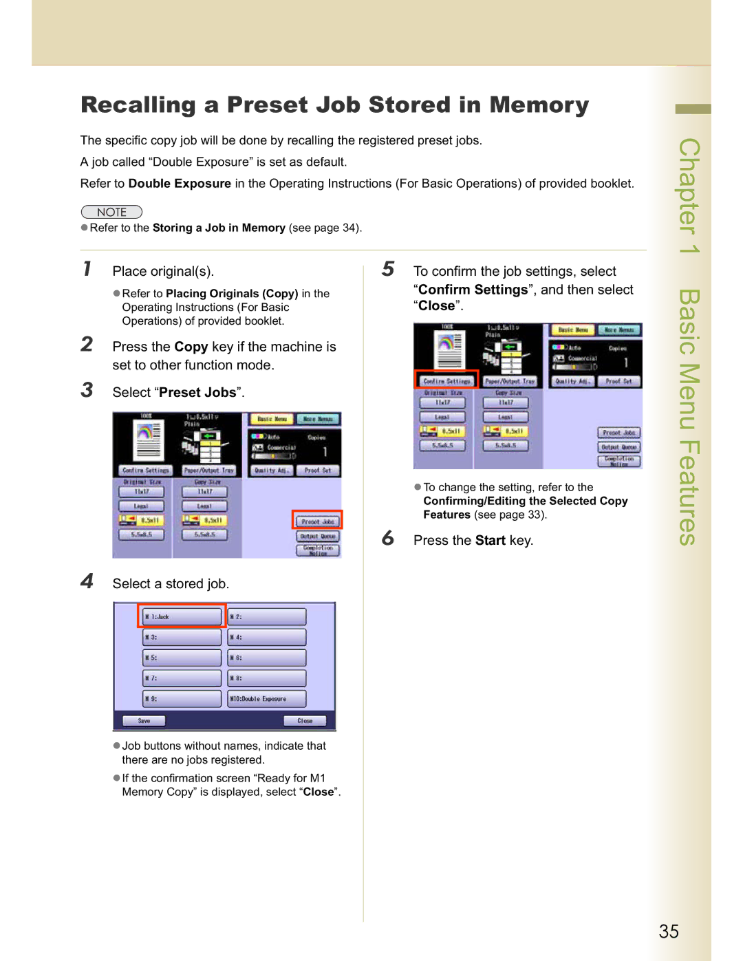 Panasonic DP-C354, DP-C323 Recalling a Preset Job Stored in Memory, Place originals To confirm the job settings, select 