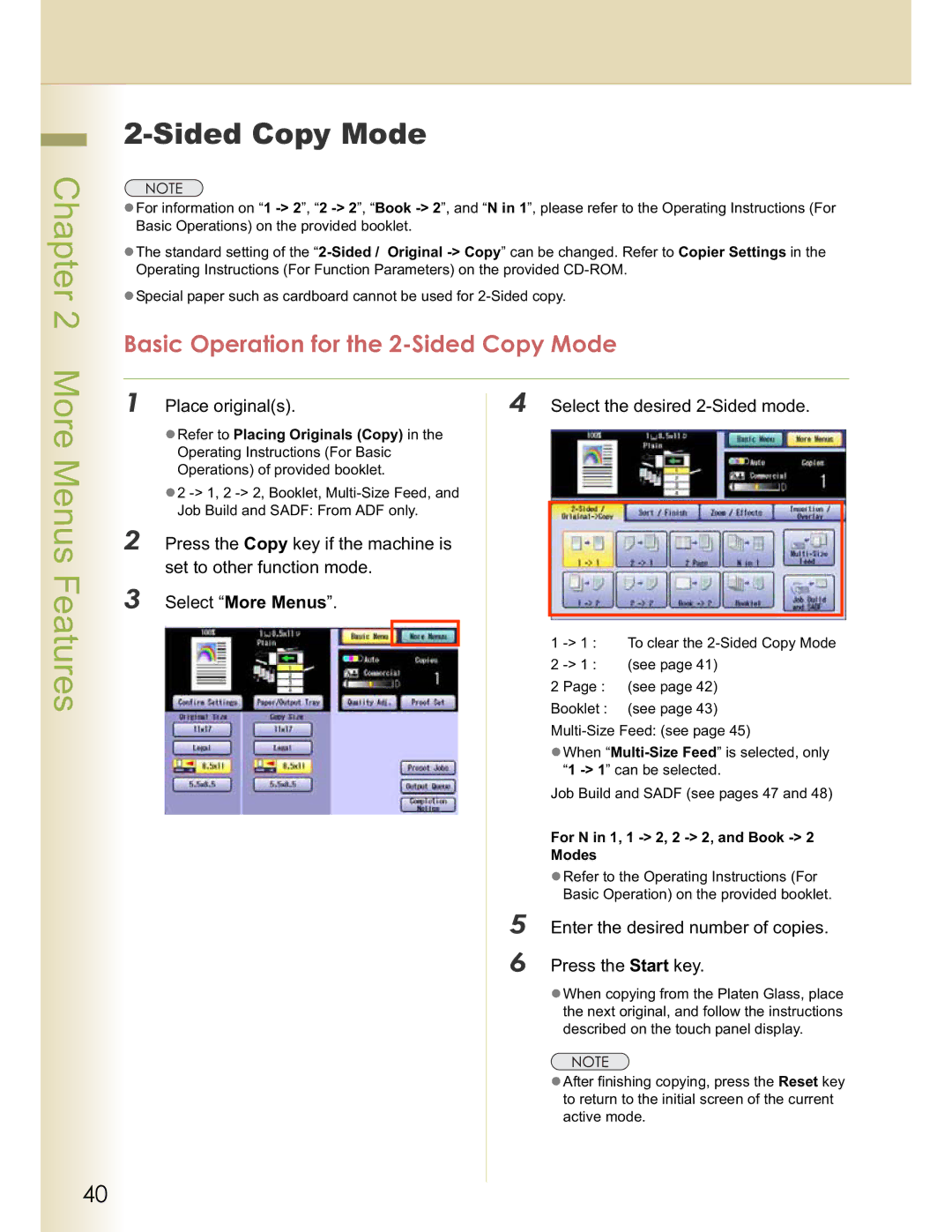 Panasonic DP-C354, DP-C323, C263, C213, C264 manual More Menus Features, Basic Operation for the 2-Sided Copy Mode 