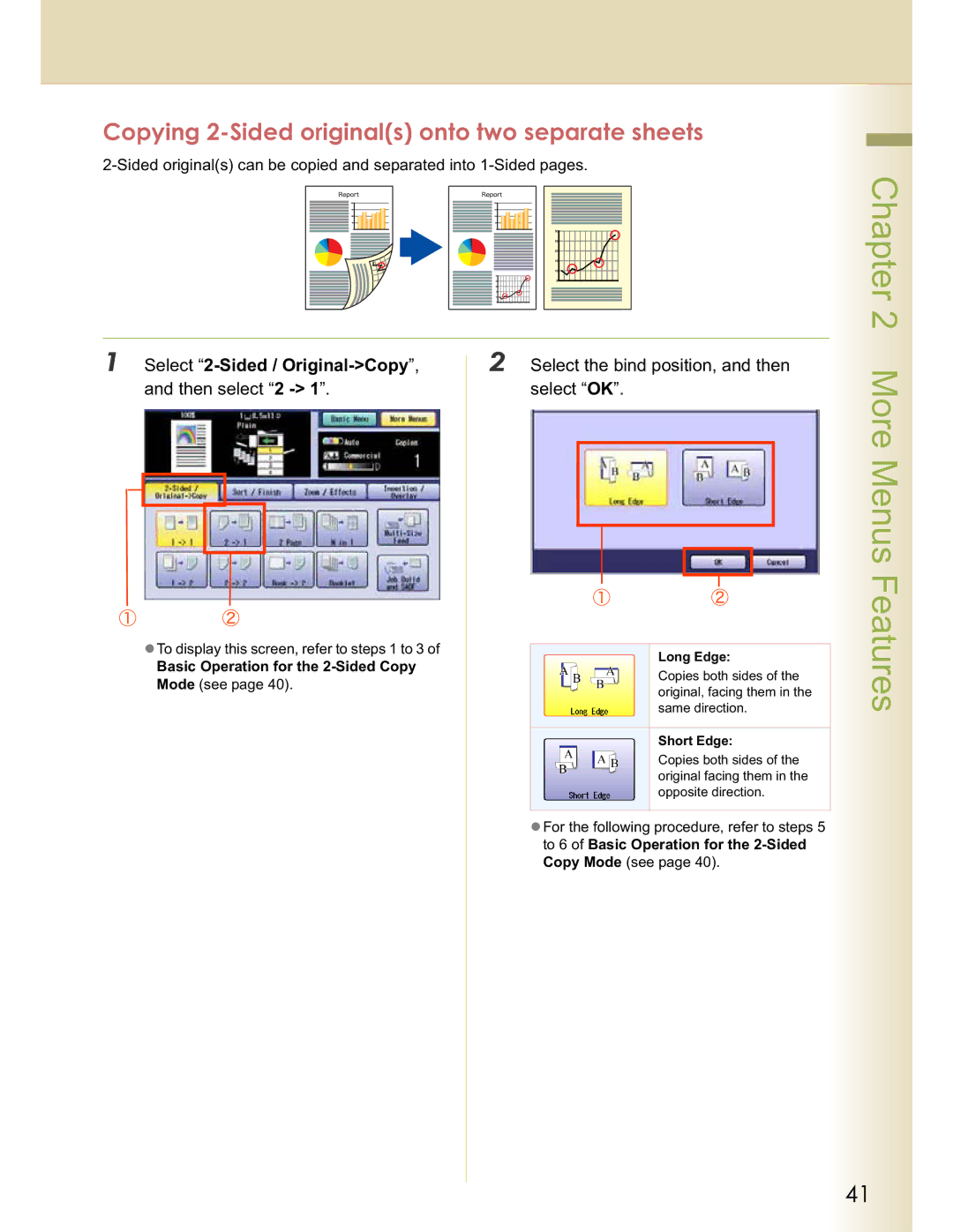 Panasonic DP-C323 Copying 2-Sided originals onto two separate sheets, Select 2-Sided /Original-Copy, and then select 2 