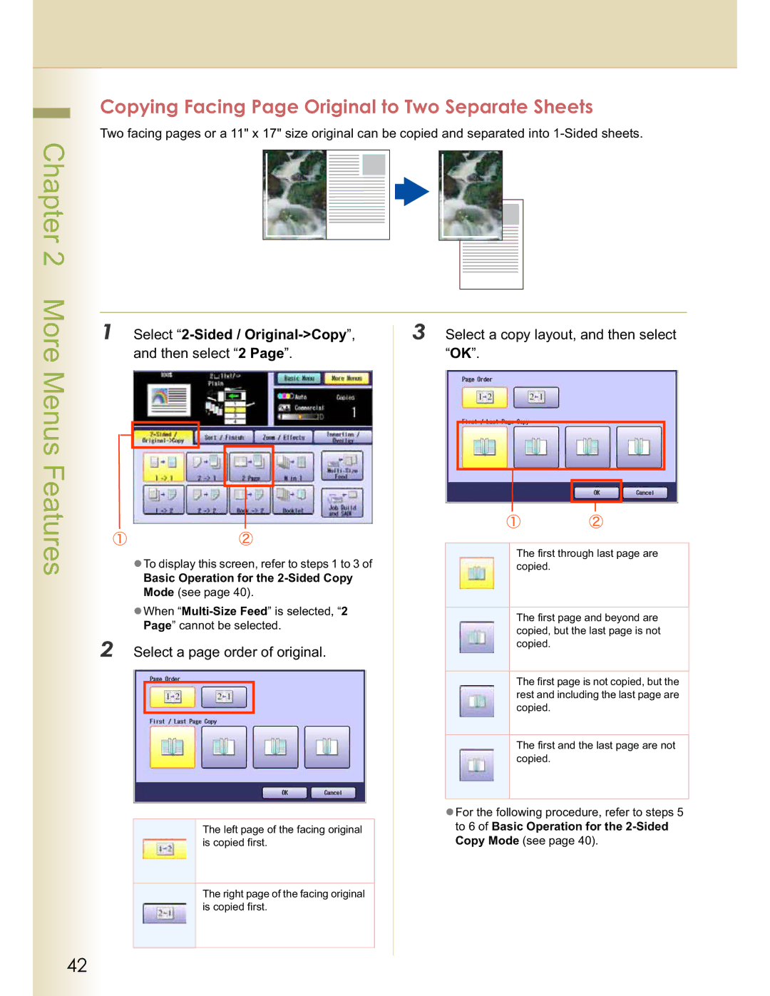 Panasonic C263, DP-C354 Copying Facing Page Original to Two Separate Sheets, Select 2-Sided / Original-Copy, Then select 2 