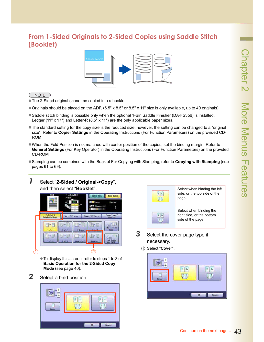 Panasonic C213 More Menus, Features, Then select Booklet, Select a bind position, Select the cover page type if necessary 